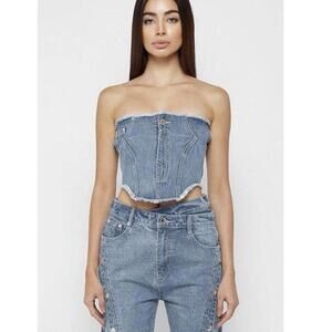 Maniere De Voir Blue Denim Strapless Top